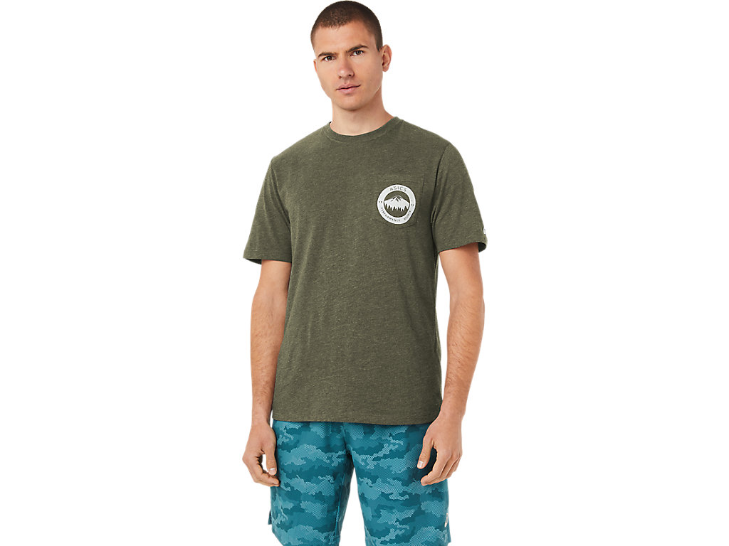 Men's Asics 1977 Mtn Pocket Tee T Shirts Olive | 2839-SBAGF