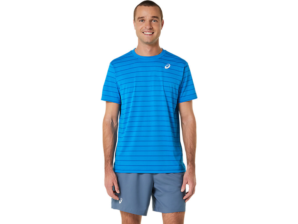 Men's Asics Court Stripe Sleeve T Shirts Blue | 1083-EUXOJ