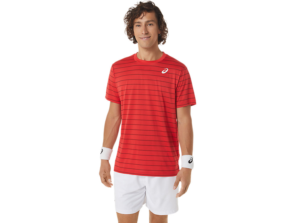 Men's Asics Court Stripe Sleeve T Shirts Red | 7251-WQHJD