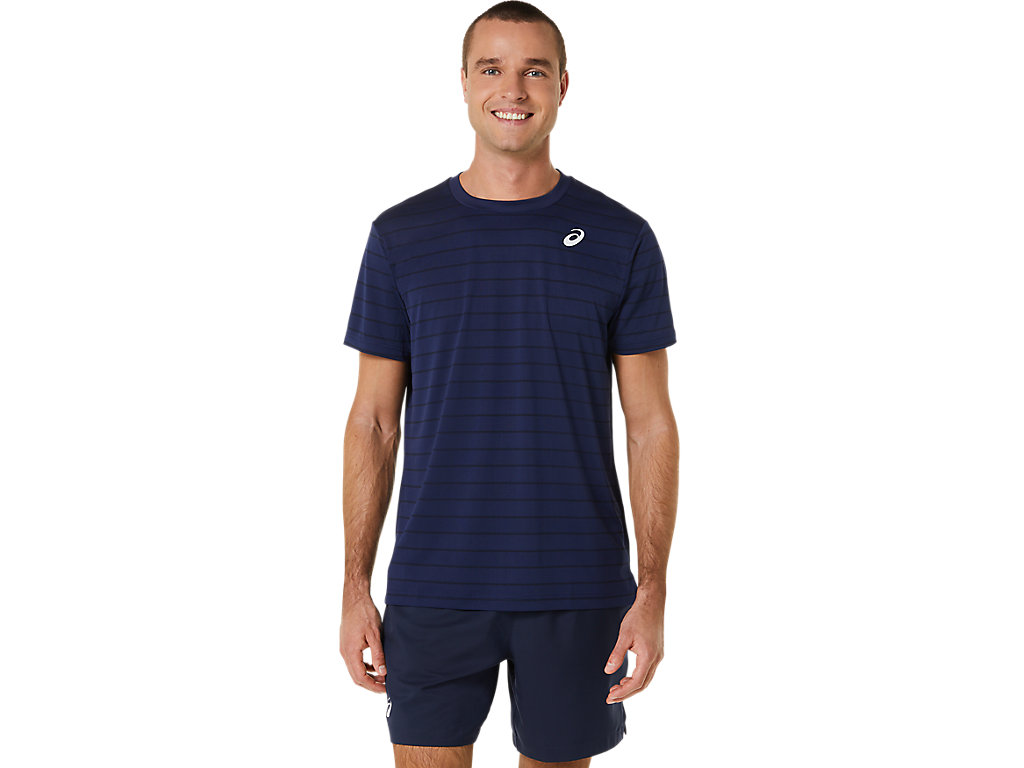 Men's Asics Court Stripe Sleeve T Shirts Dark Blue | 9605-BOZID