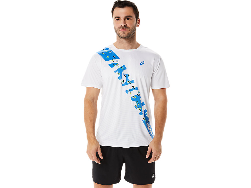 Men's Asics Ekiden Sleeve T Shirts White / Blue | 4516-RIGAJ