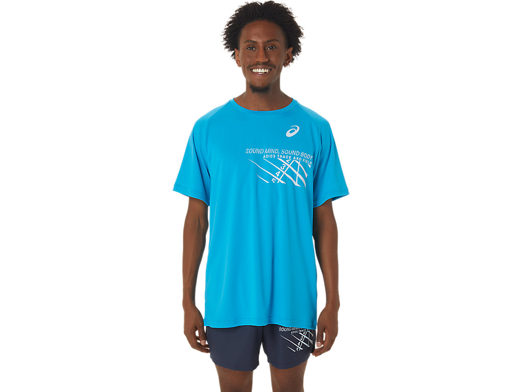 Men's Asics Finish Line Graphic Sleeve T Shirts Blue | 2976-KNZWB