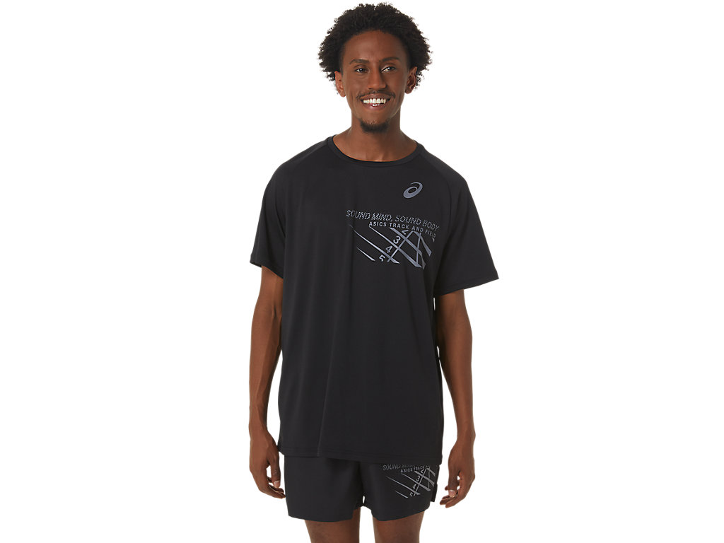 Men's Asics Finish Line Graphic Sleeve T Shirts Black | 9137-SQJWC