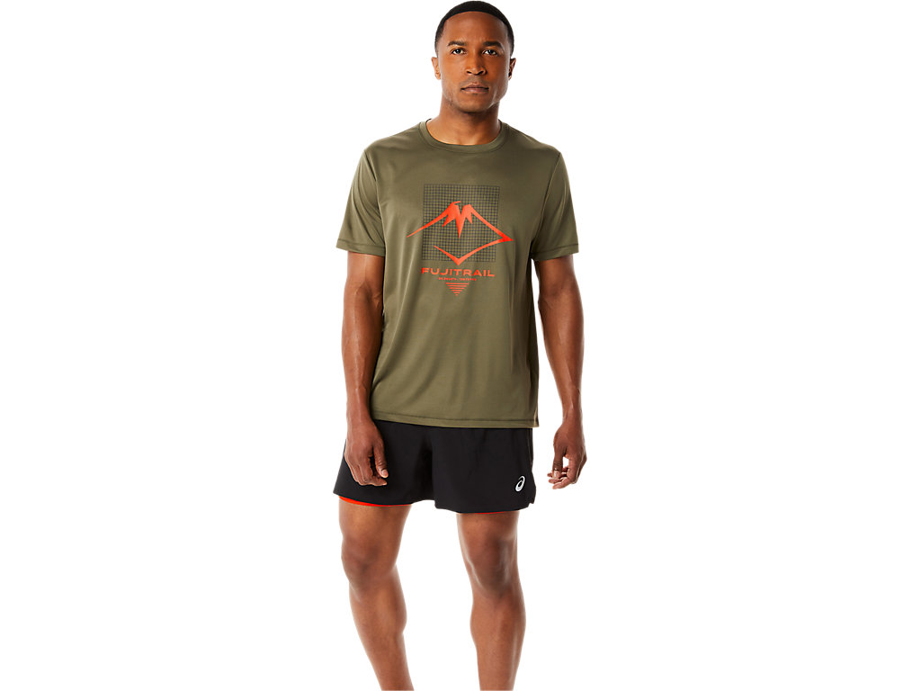 Men's Asics Fujitrail Logo Sleeve T Shirts Green | 4250-UWKEC