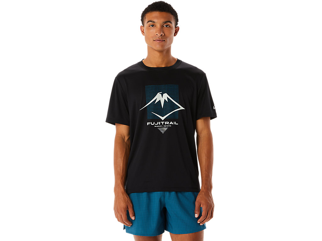 Men's Asics Fujitrail Logo Sleeve T Shirts Black | 6514-PCYIU