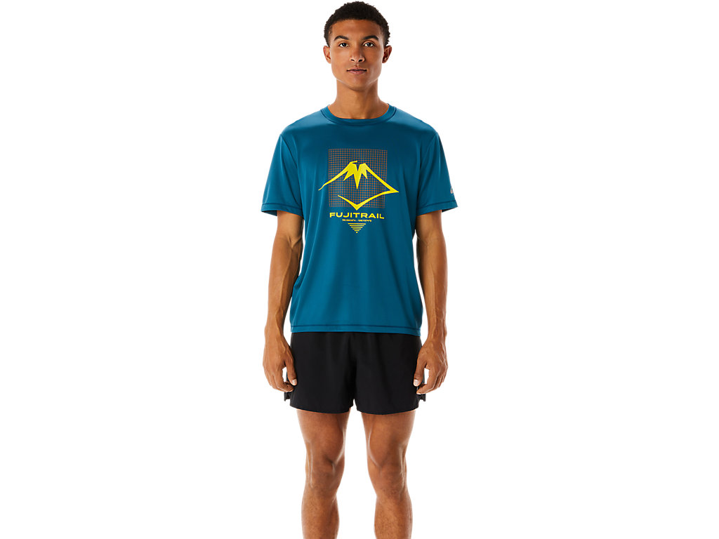 Men's Asics Fujitrail Logo Sleeve T Shirts Turquoise | 9064-SJXFE