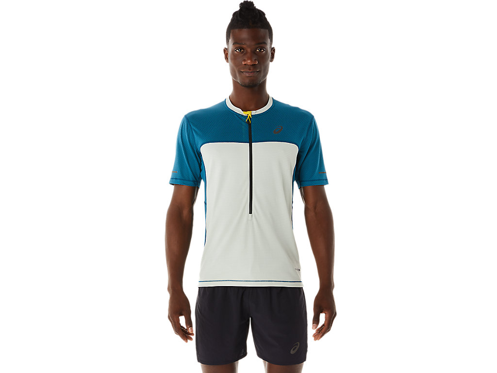 Men's Asics Fujitrail Sleeve T Shirts Turquoise / Light Olive | 1408-JFGCI