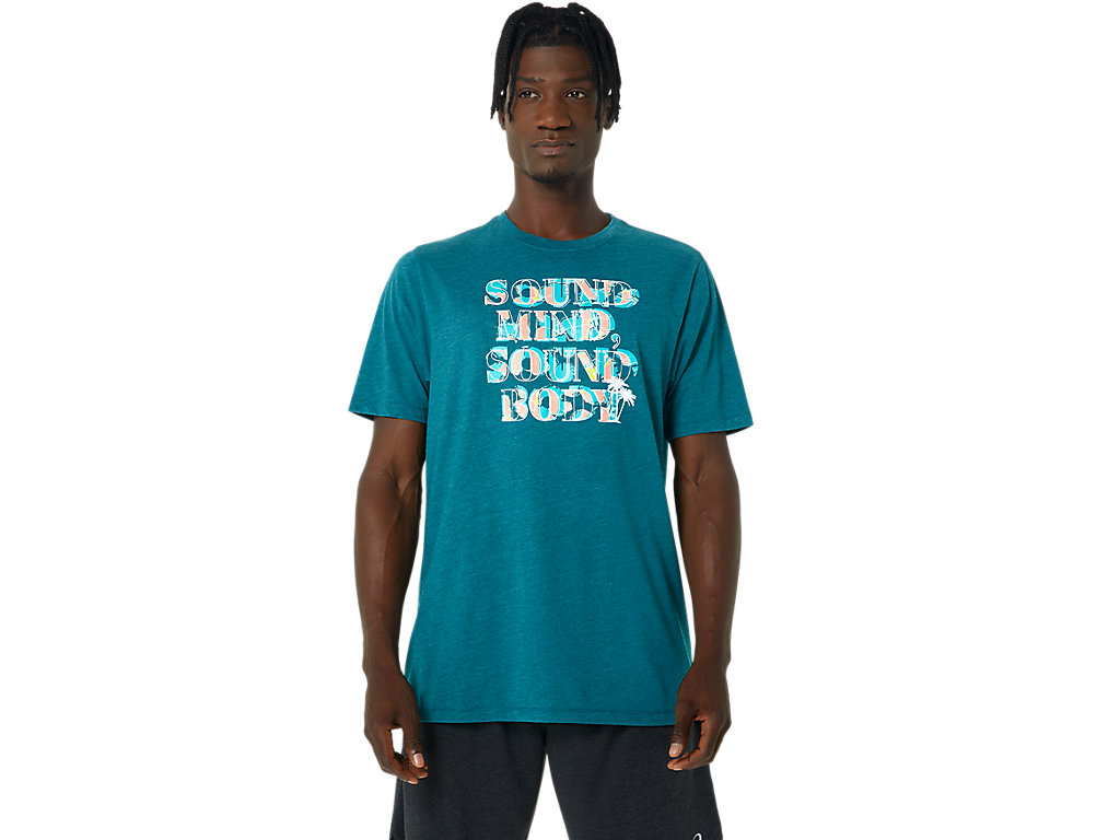 Men's Asics Hibiscus Slogan Tee T Shirts Deep Green | 5921-HDOLY