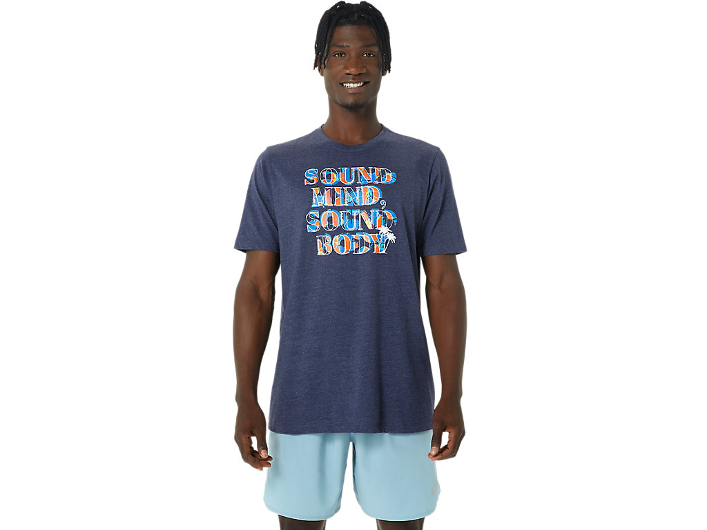 Men's Asics Hibiscus Slogan Tee T Shirts Navy | 8349-TUWHP