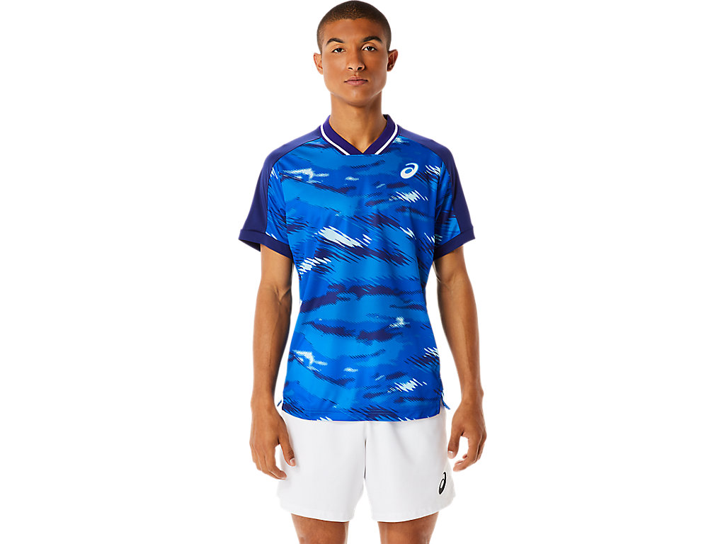 Men's Asics Match Graphic Sleeve T Shirts Blue | 9207-UQVXM