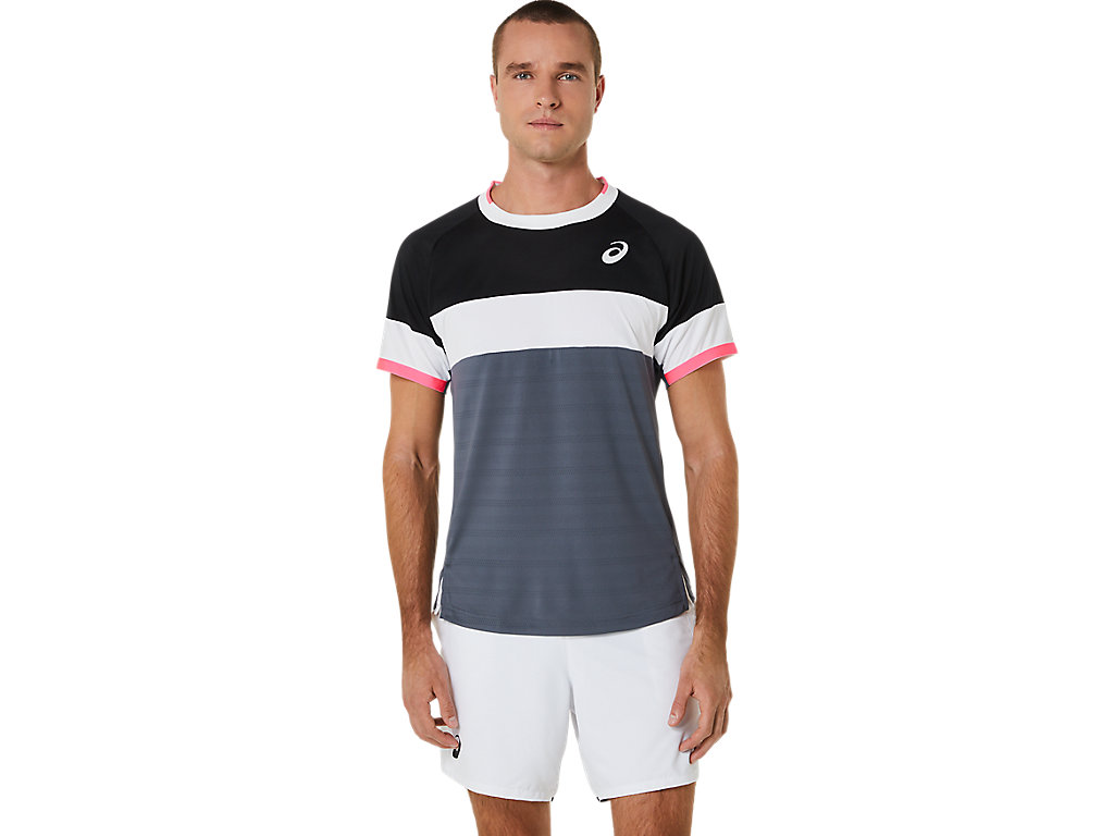 Men's Asics Match Sleeve T Shirts Black / Grey | 7582-BSQDV