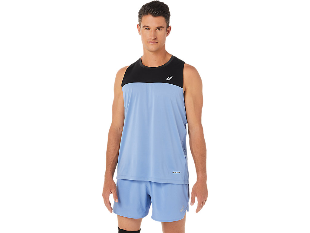 Men's Asics Race Singlet T Shirts Black / Blue | 9018-TLXAN