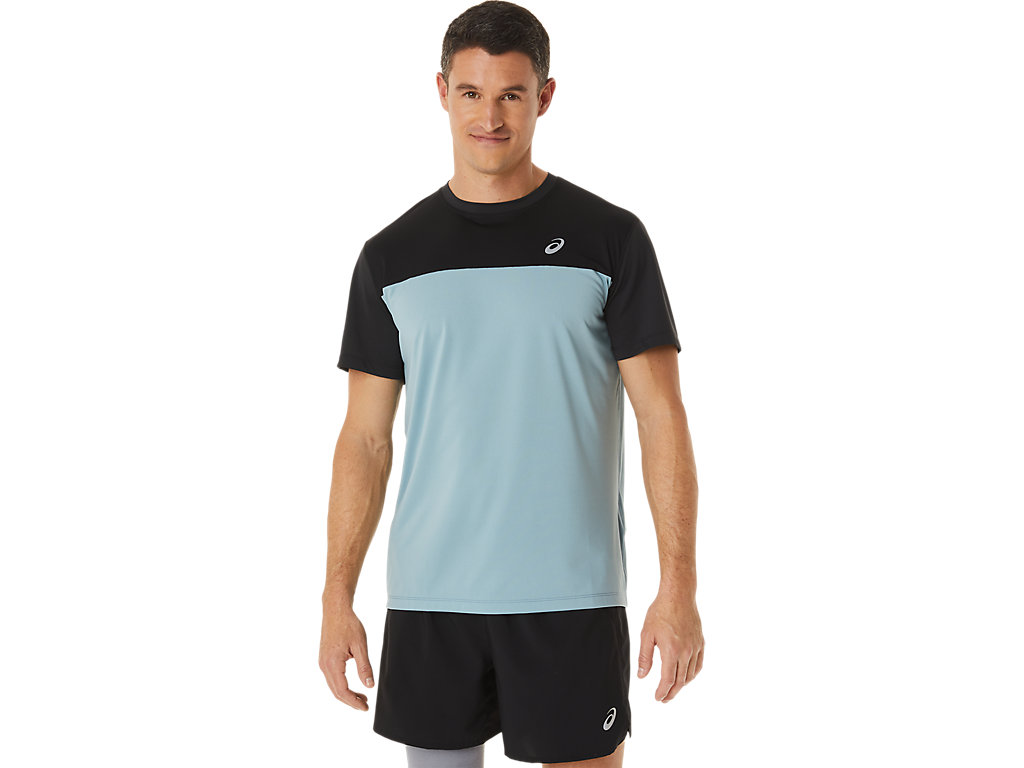 Men's Asics Race Sleeve T Shirts Black / Light Grey | 6953-XNHWC