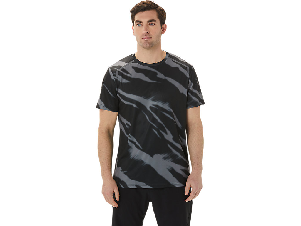 Men's Asics Seasonal All Over Print Sleeve T Shirts Black / Deep Grey | 0547-APMSG