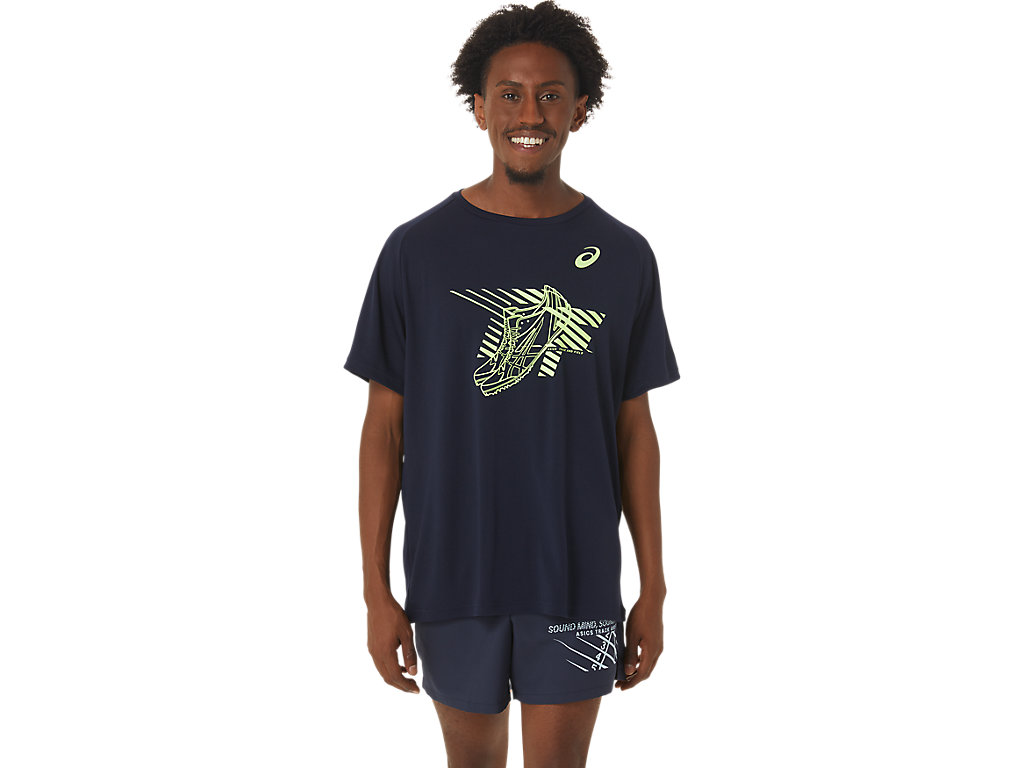 Men's Asics Shoes Graphic Sleeve T Shirts Dark Blue | 1865-LPWOC