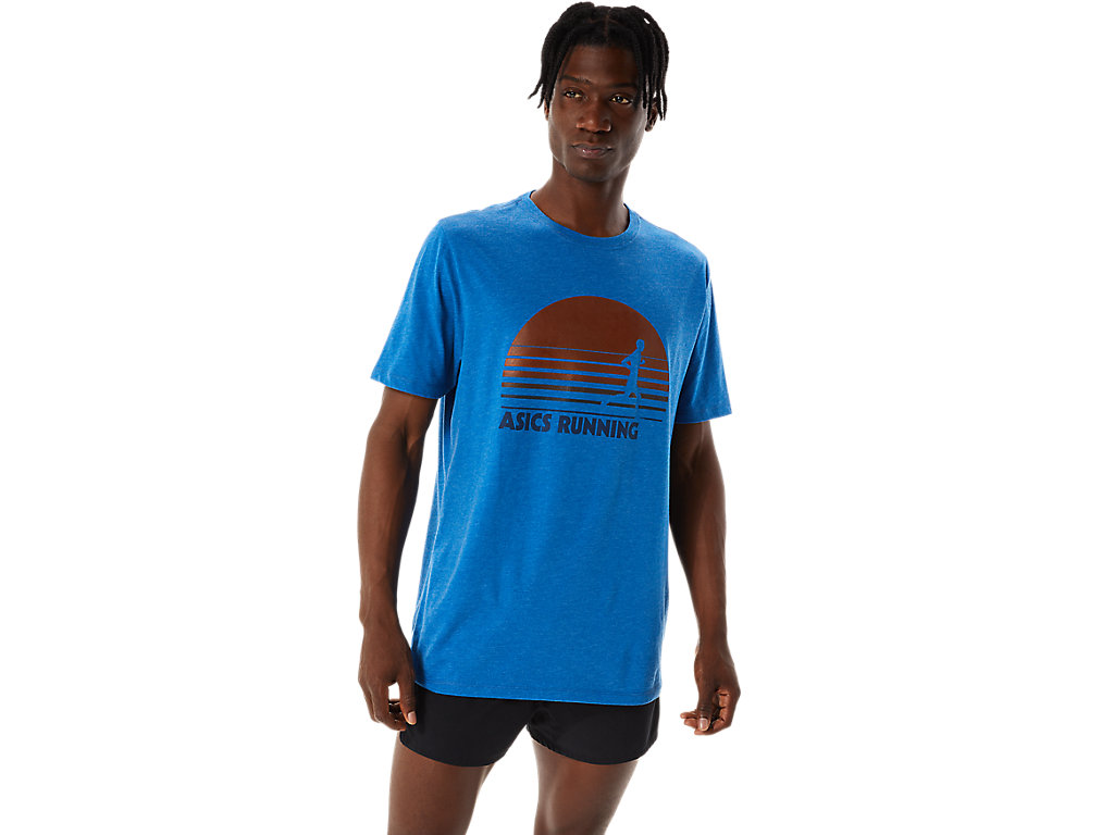 Men's Asics Sunrise Runner Graphic Tee T Shirts Blue | 8531-OHVES