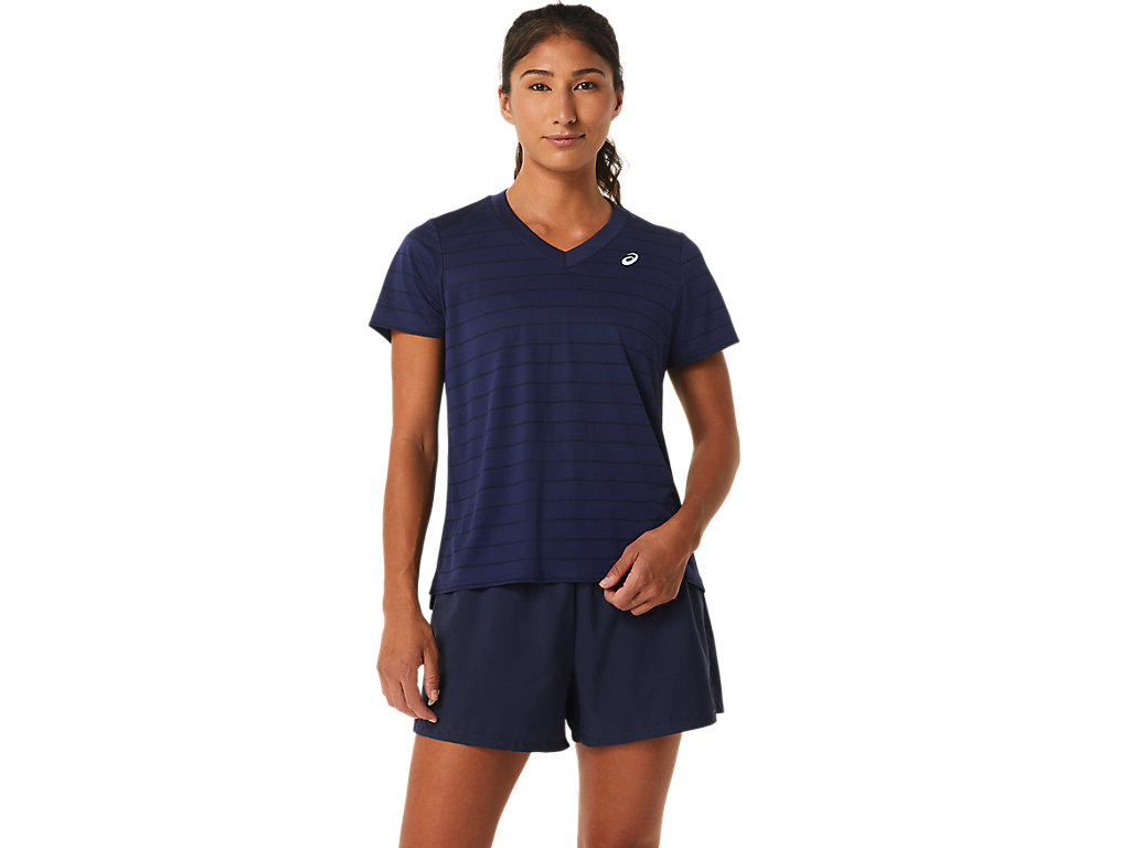 Women's Asics Court Stripe Sleeve T Shirts Navy | 3270-FBDLZ