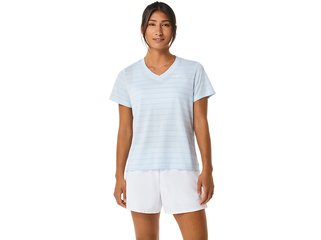 Women's Asics Court Stripe Sleeve T Shirts Blue | 7351-AWKDJ