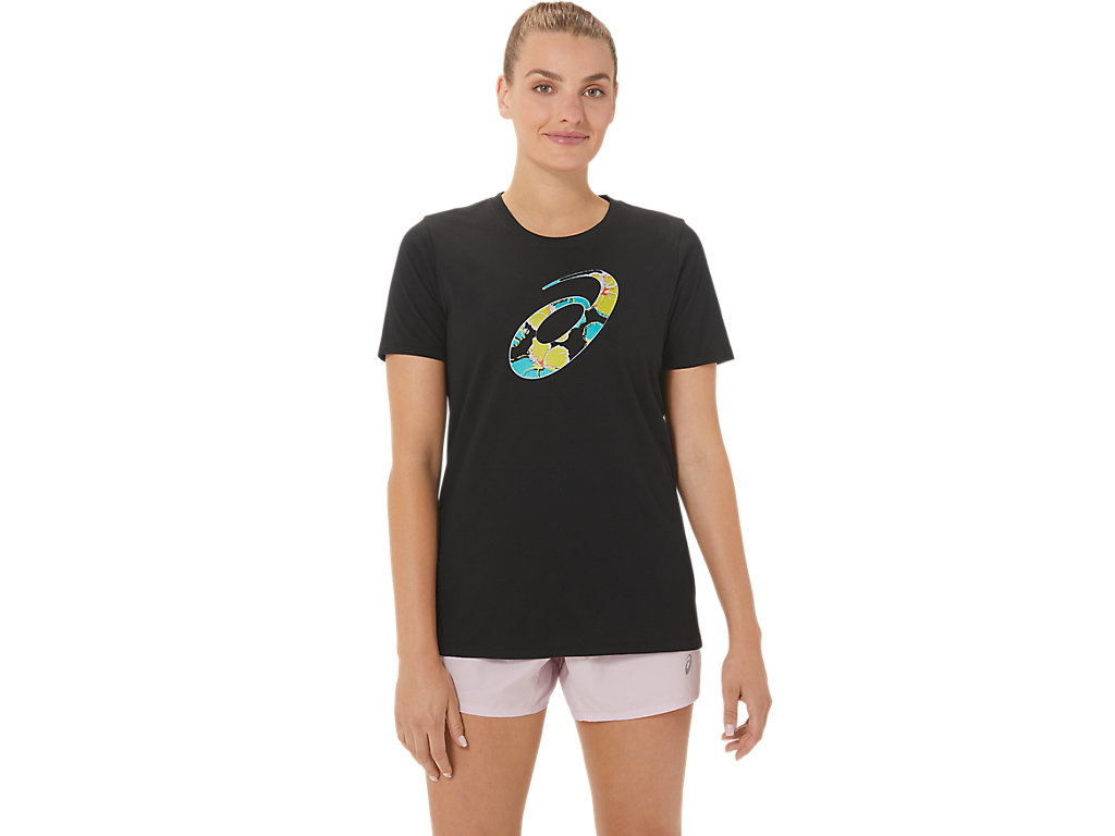 Women's Asics Hibiscus Spiral A Crew T Shirts Black | 6928-OZVSU