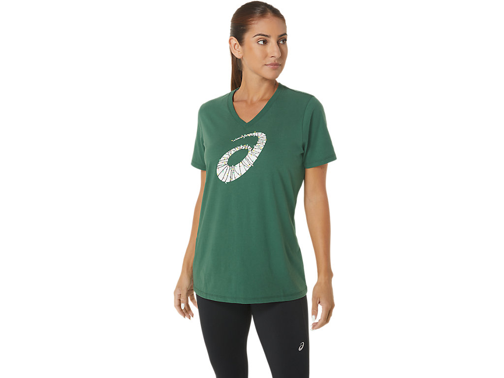 Women's Asics Holiday Lights Logo Vneck T Shirts Green | 6718-JMEZC