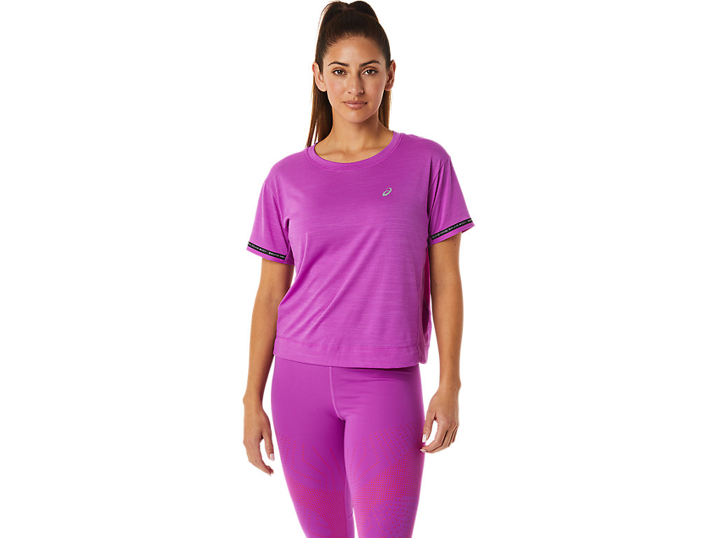 Women's Asics Race Crop T Shirts Purple | 0654-GUQNE