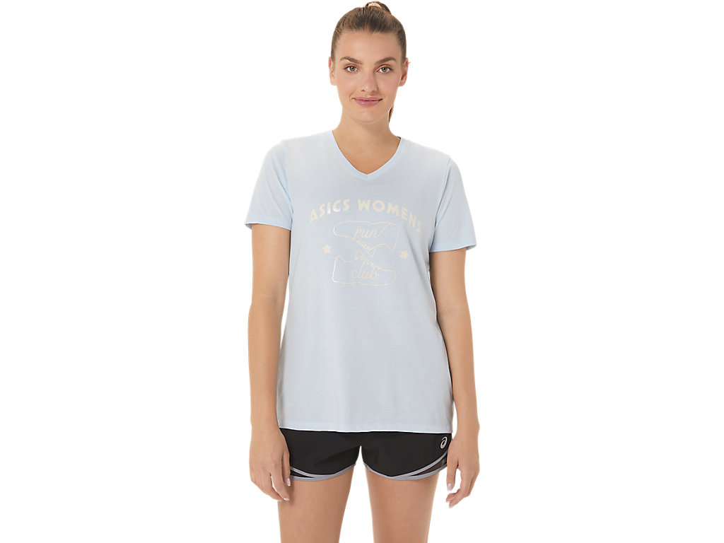 Women's Asics Run Club V-Neck T Shirts Blue | 5739-PNDQH