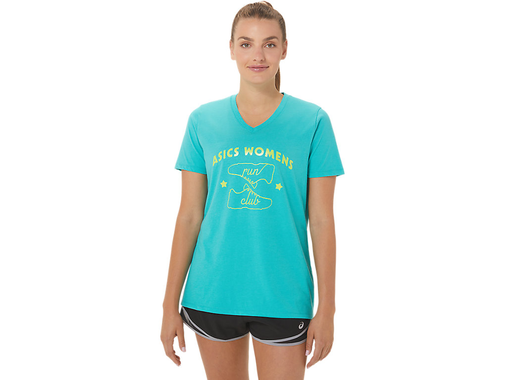 Women's Asics Run Club V-Neck T Shirts Turquoise | 3579-UARPN