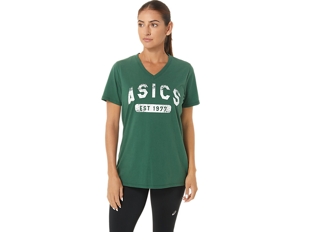 Women's Asics Short Sleeve Est 1977 V-Neck Tee T Shirts Green | 1804-IDZWX