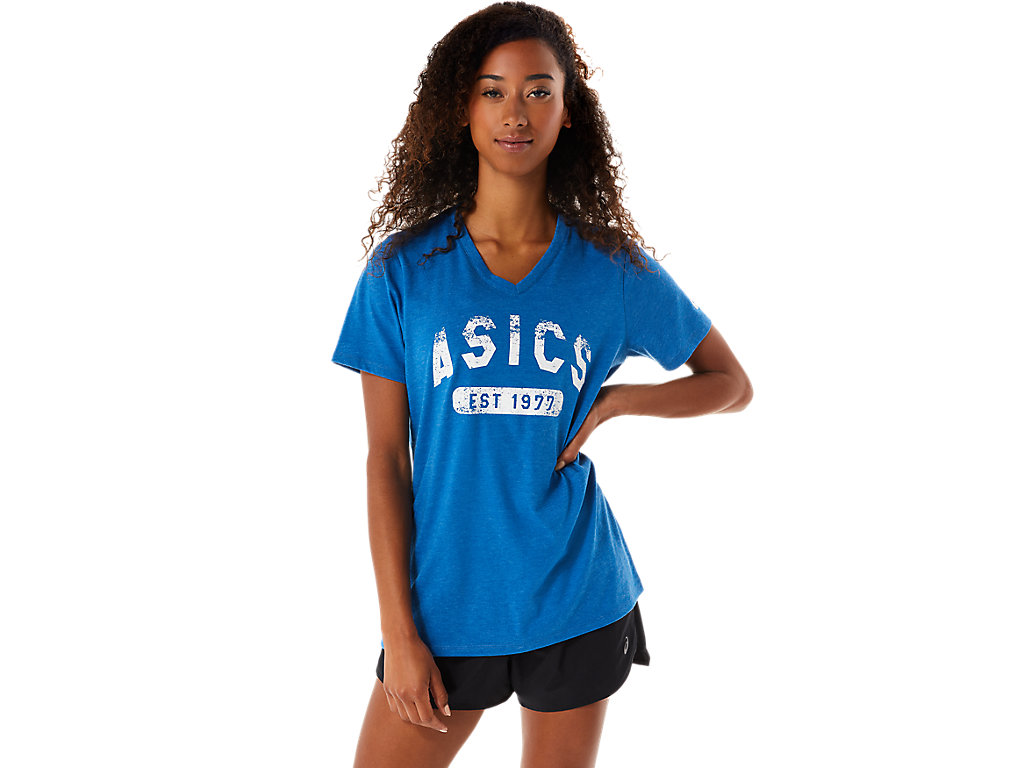 Women's Asics Short Sleeve Est 1977 V-Neck Tee T Shirts Blue | 9130-ZUKYF