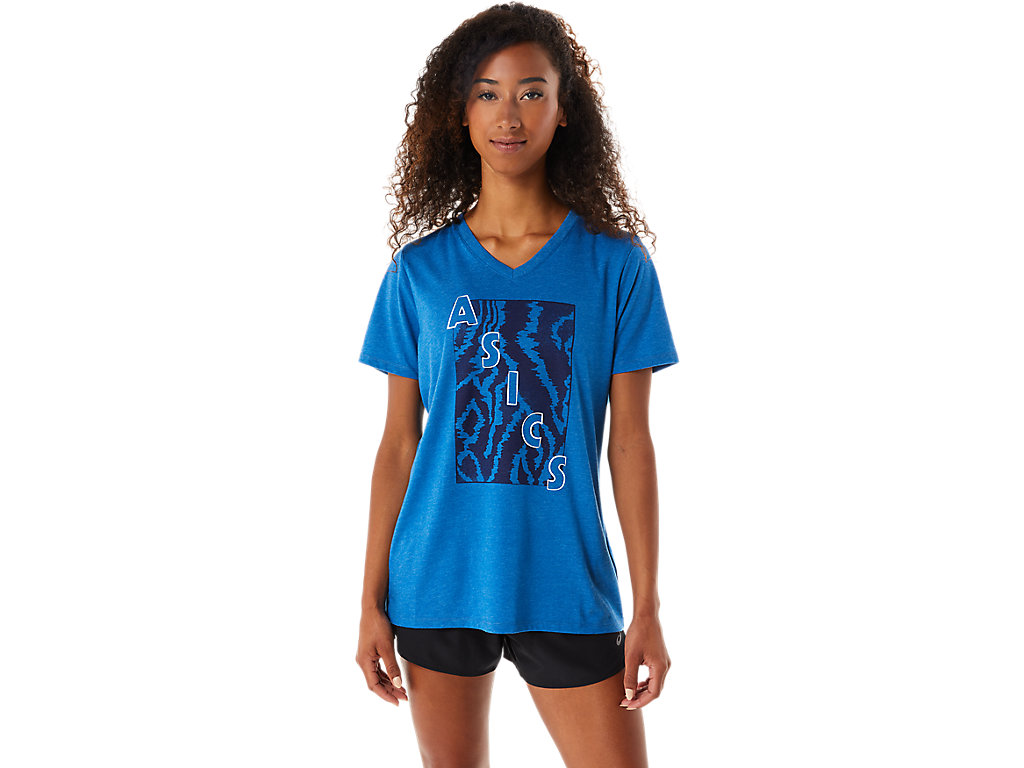 Women's Asics Short Sleeve Print V-Neck T Shirts Blue | 1764-HVCSN