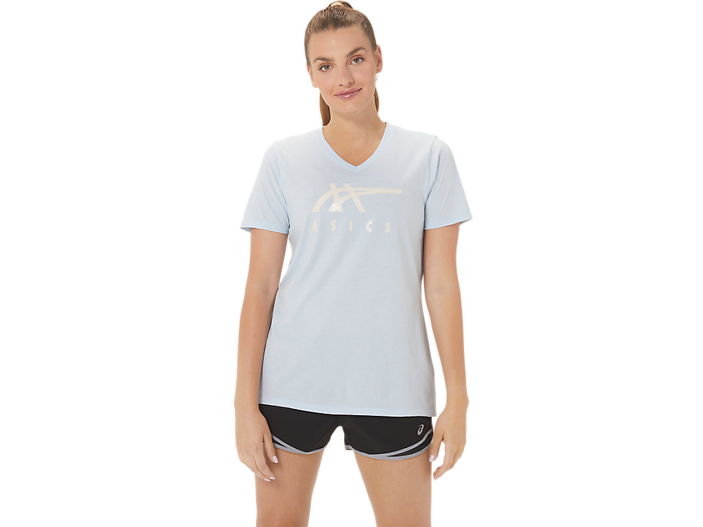 Women's Asics Stripes V-Neck T Shirts Blue | 8945-EYAOS