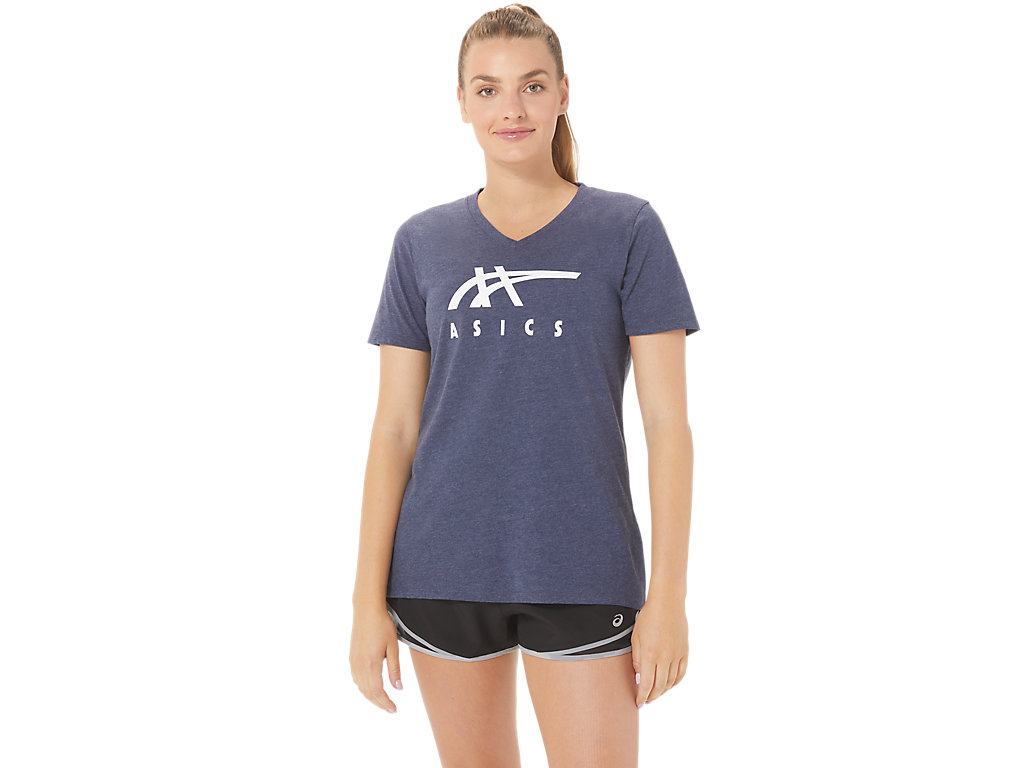 Women's Asics Stripes V-Neck T Shirts Navy | 3192-HOAXS