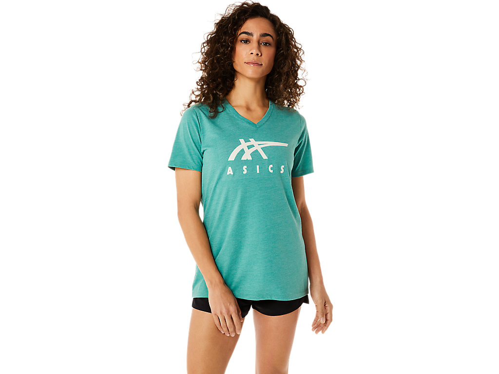 Women's Asics Stripes V-Neck T Shirts Olive | 7689-MANUY