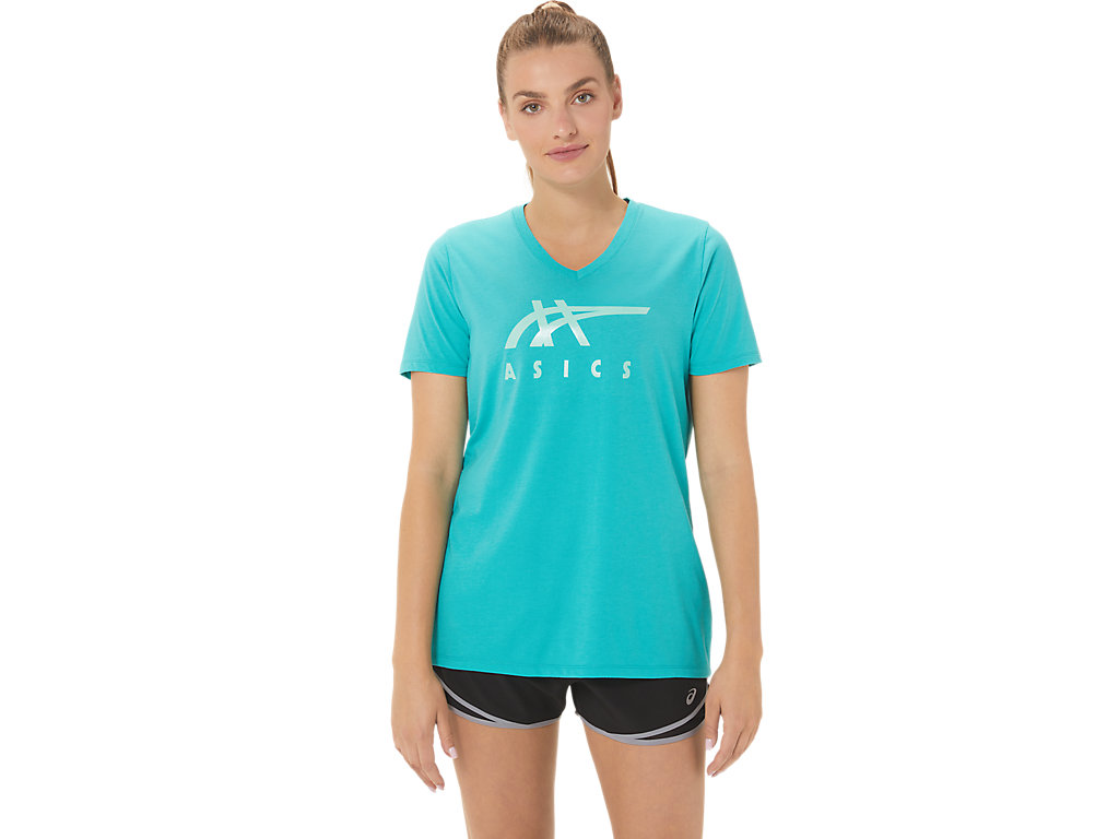 Women's Asics Stripes V-Neck T Shirts Turquoise | 7063-VSUJX