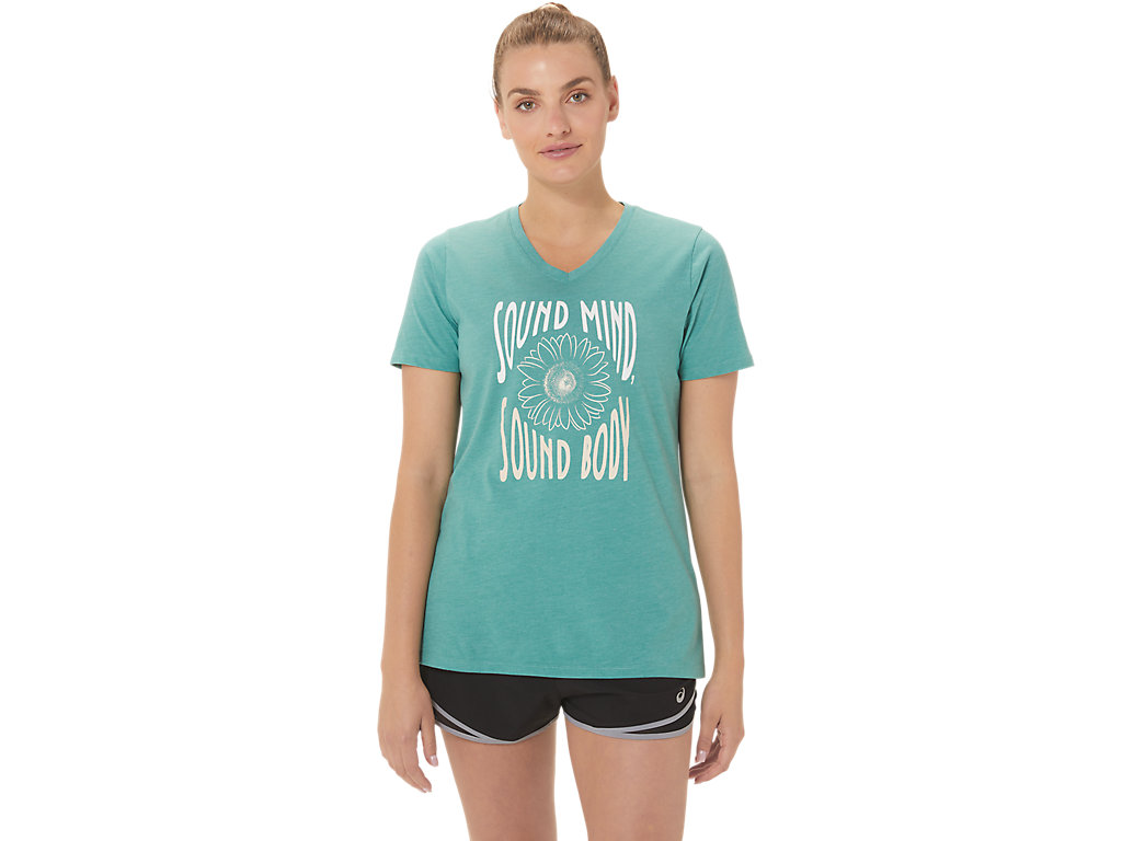 Women's Asics Sunflower Slogan V-Neck T Shirts Olive | 4935-CUTWG