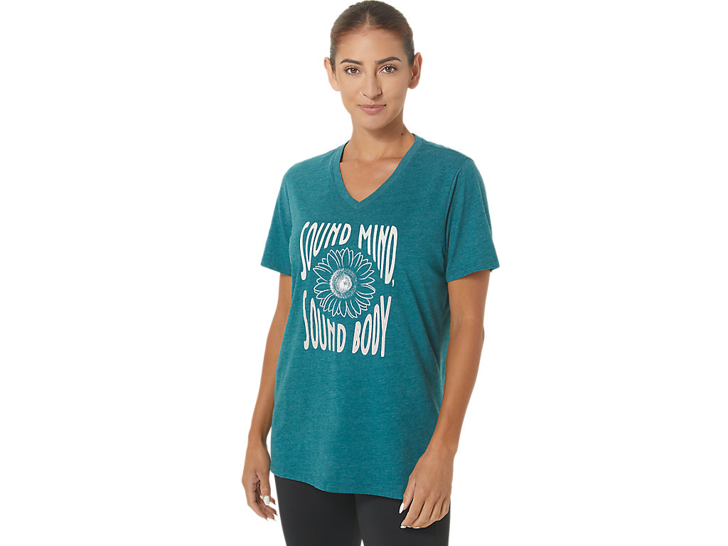 Women's Asics Sunflower Slogan V-Neck T Shirts Deep Green | 6931-WTSBJ