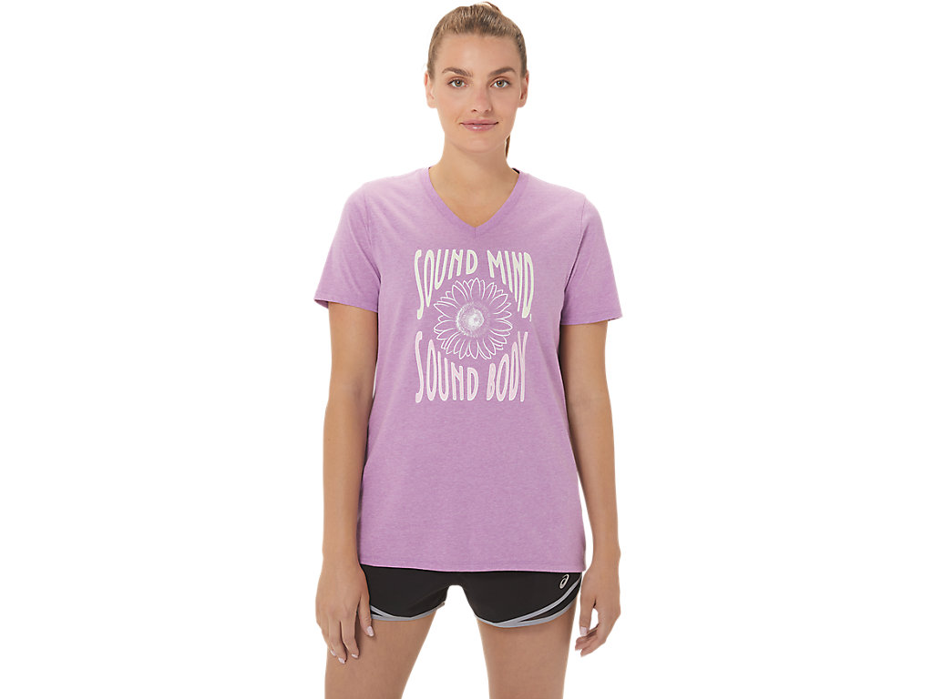 Women's Asics Sunflower Slogan V-Neck T Shirts Purple | 8356-FGBKM