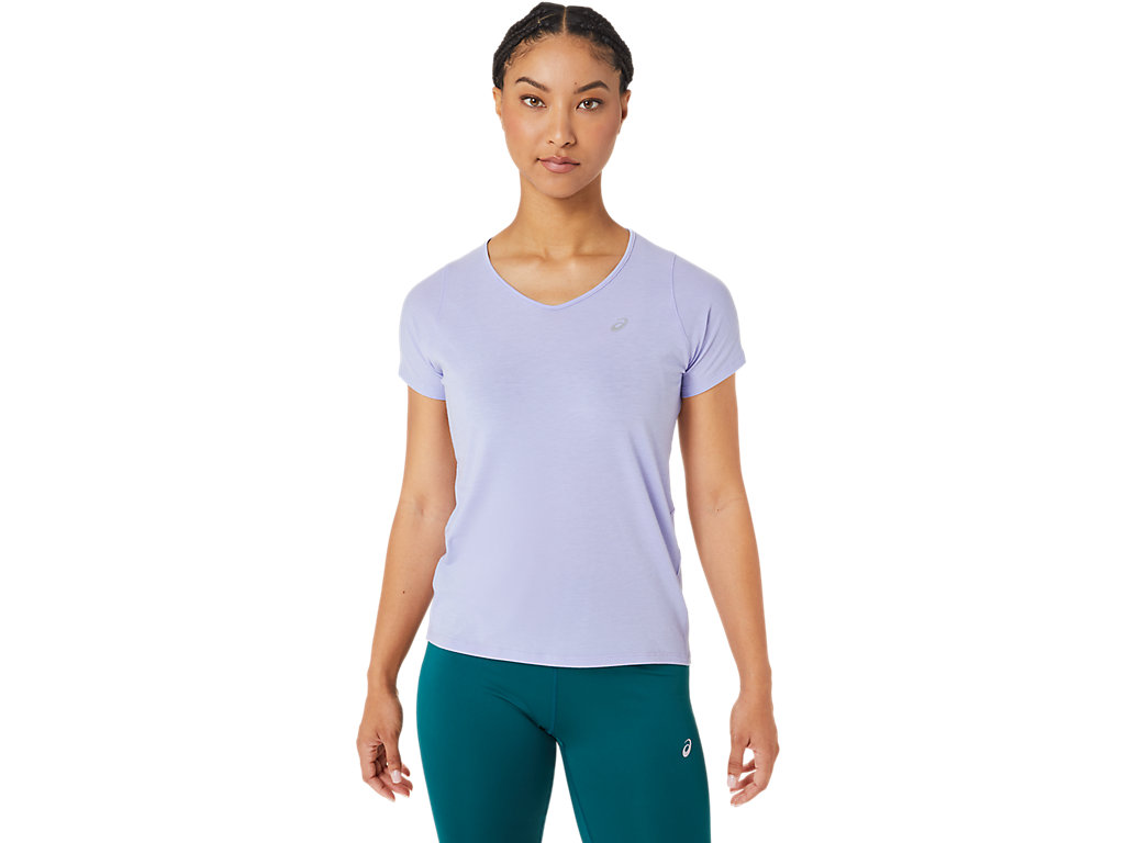 Women's Asics V-Neck Sleeve T Shirts Purple | 5904-INDGC