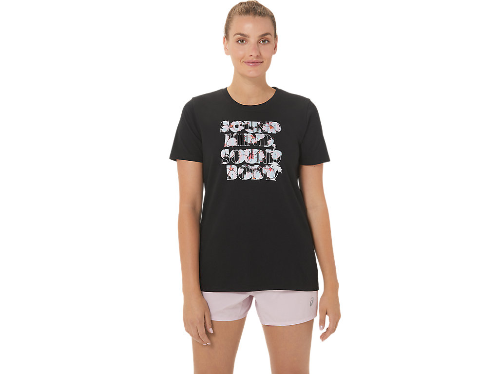 Women's Asics W Hibiscus Slogan Crew T Shirts Black | 2704-JPLOM