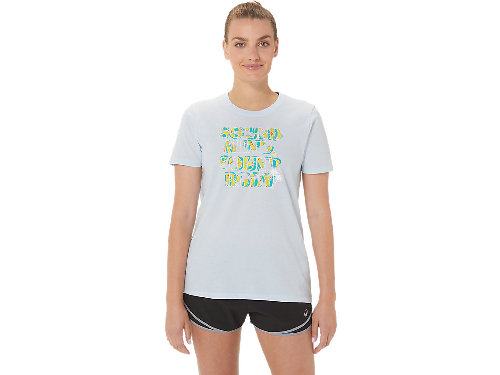 Women's Asics W Hibiscus Slogan Crew T Shirts Blue | 8514-OBPFQ