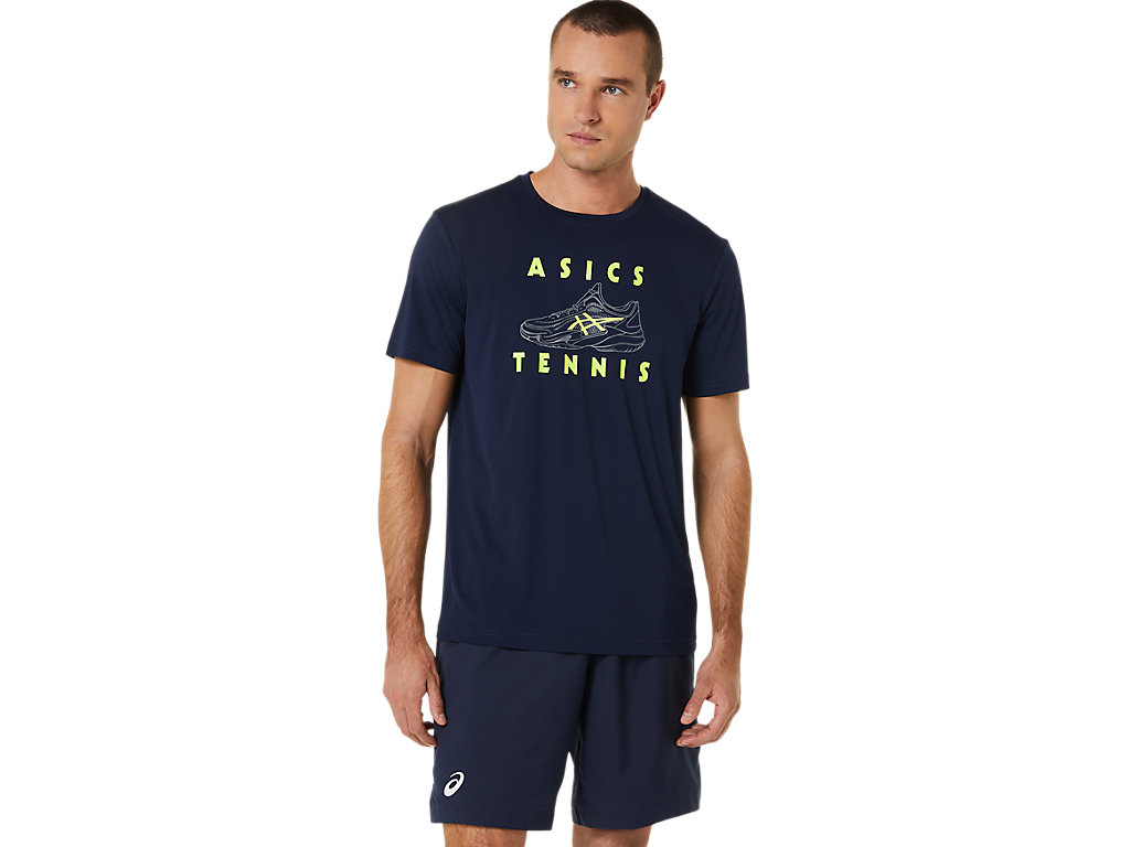 Men\'s Asics Court Shoes Graphic Tee T Shirts Dark Blue | 8473-EDKWO