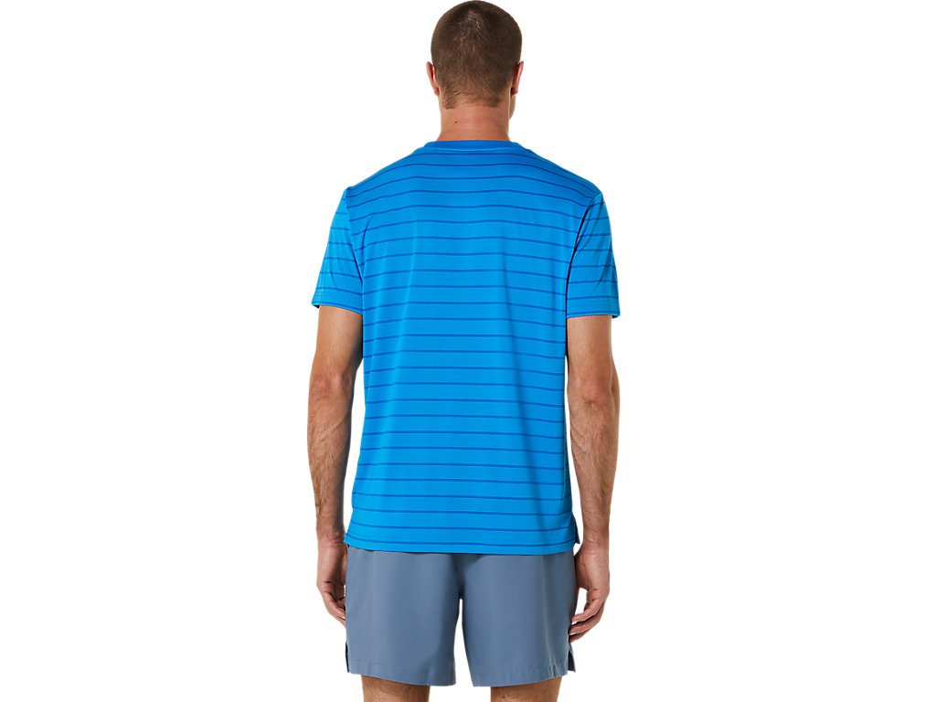 Men's Asics Court Stripe Sleeve T Shirts Blue | 1083-EUXOJ