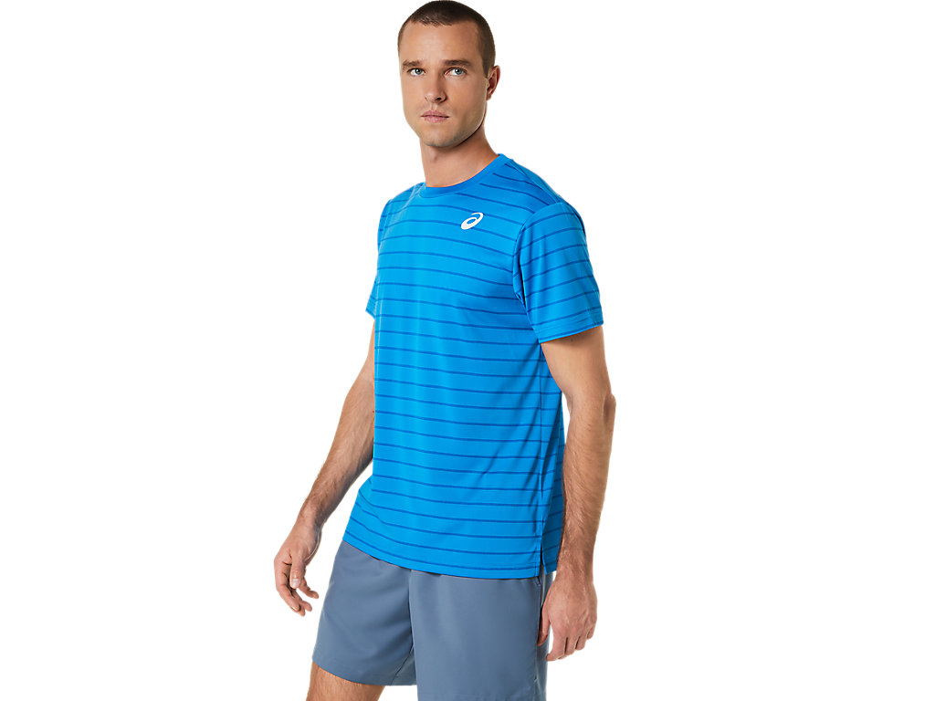 Men's Asics Court Stripe Sleeve T Shirts Blue | 1083-EUXOJ