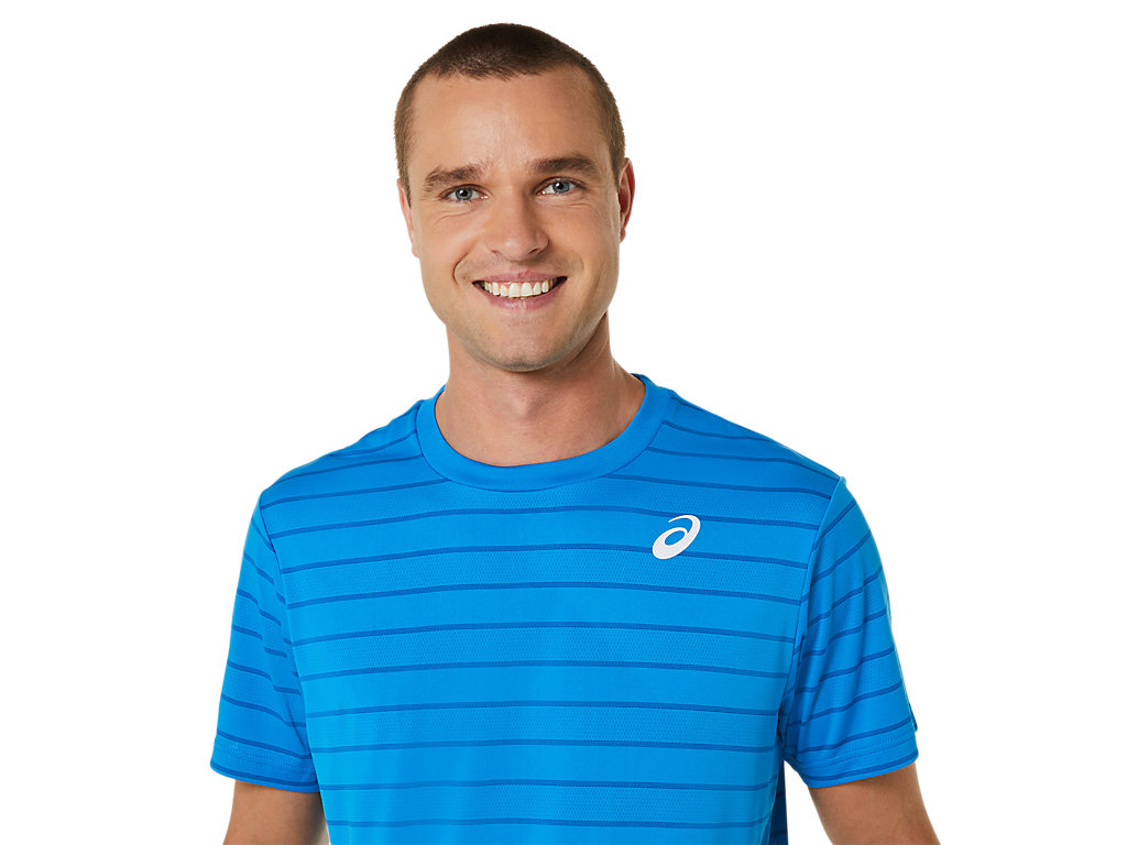 Men's Asics Court Stripe Sleeve T Shirts Blue | 1083-EUXOJ