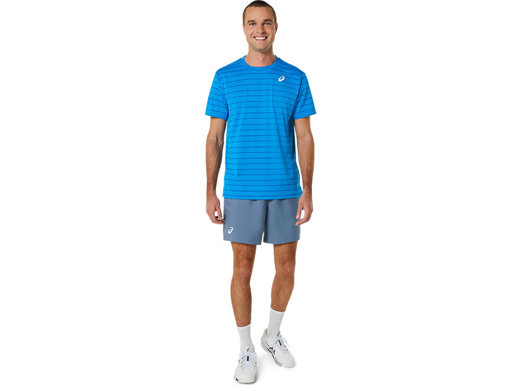 Men's Asics Court Stripe Sleeve T Shirts Blue | 1083-EUXOJ