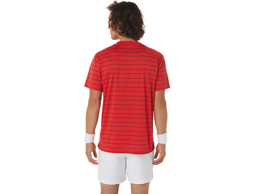 Men's Asics Court Stripe Sleeve T Shirts Red | 7251-WQHJD