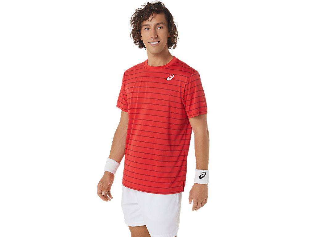 Men's Asics Court Stripe Sleeve T Shirts Red | 7251-WQHJD