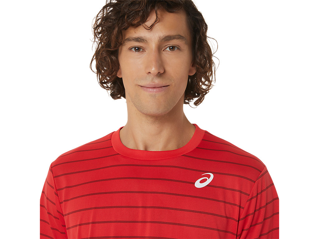 Men's Asics Court Stripe Sleeve T Shirts Red | 7251-WQHJD