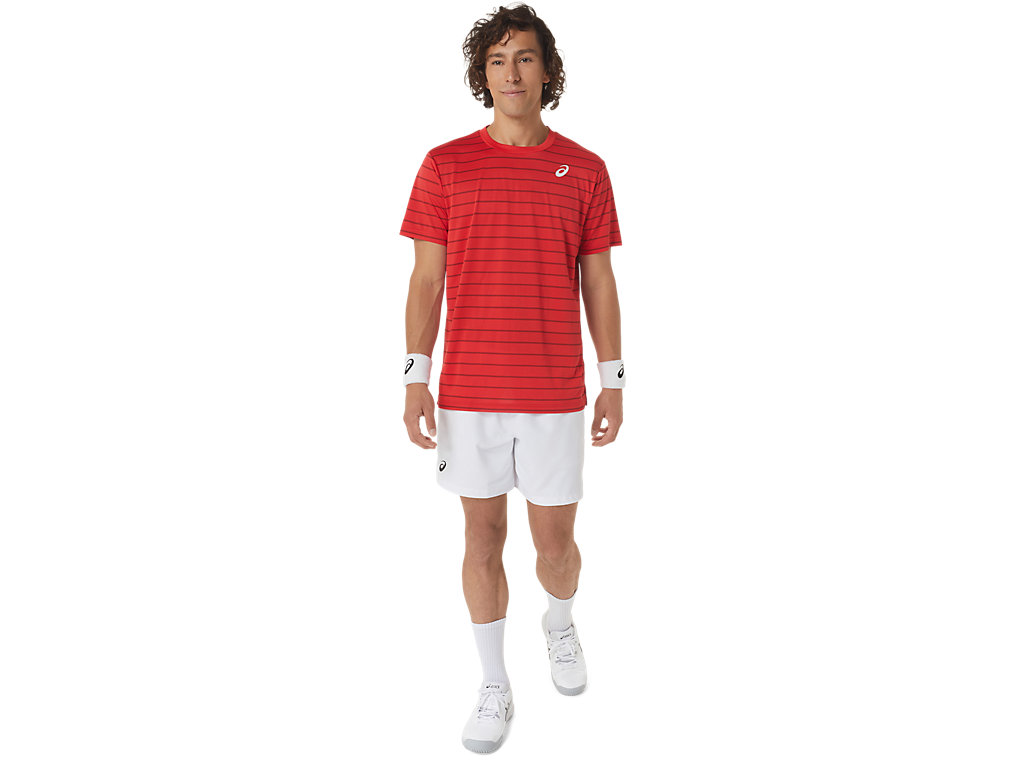 Men's Asics Court Stripe Sleeve T Shirts Red | 7251-WQHJD