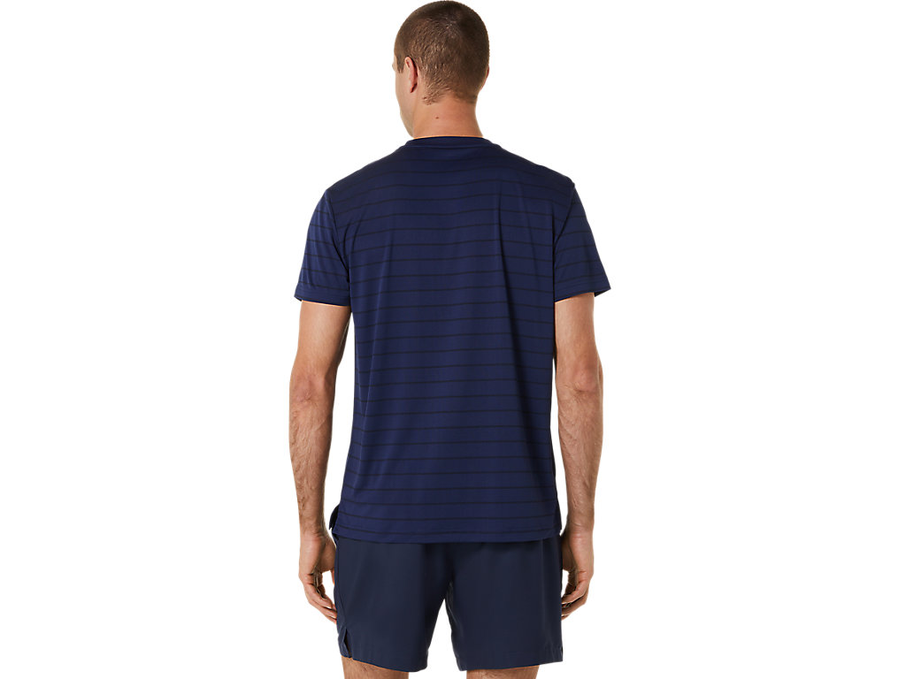 Men's Asics Court Stripe Sleeve T Shirts Dark Blue | 9605-BOZID